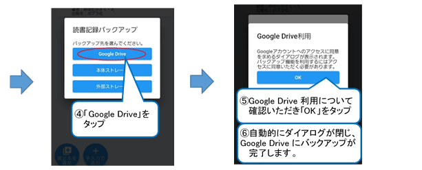バックアップ先を選ぶウィンドウが開くので、「グーグルドライブ」をタップします。 グーグルドライブ利用について、「アカウントのアクセスを求めるダイアログが表示されます。バックアップ機能を利用するにはアクセスに同意いただく必要があります」と表示されるので、同意いただける場合は、「ＯＫ］をタップします。これでグーグルドライブにバックアップ完了です。
