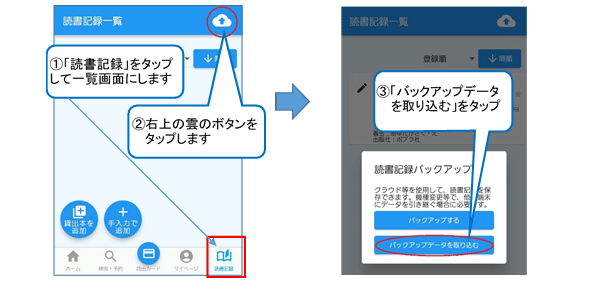 アプリの下の部分にある「読書記録」ボタンをタップします。「読書記録一覧」画面が開いたら、画面の右上にある雲の形のボタンをタップします。ウィンドウが開くので、「バックアップデータを取り込む」ボタンをタップします。