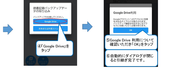 「読書記録バックアップデータの取り込み」ウインドウが開くので、グーグルドライブをタップします。グーグルドライブ利用について、アカウントのアクセスを求めるウィンドウが表示されます。「バックアップ機能を利用するにはアクセスに同意いただく必要があります」と表示されるので、同意ただける場合は、「ＯＫ］をタップします。これで引継ぎ完了です。