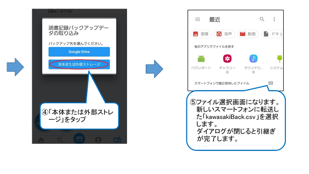 「読書記録バックアップデータの取り込み」ウインドウが開くので、「本体または外部ストレージ」をタップします。ファイル選択画面になりますので、新しいスマートフォンに転送したkawasakiBack.csvという名前のファイルを選択します。ダイアログが閉じれば引継ぎ完了です。