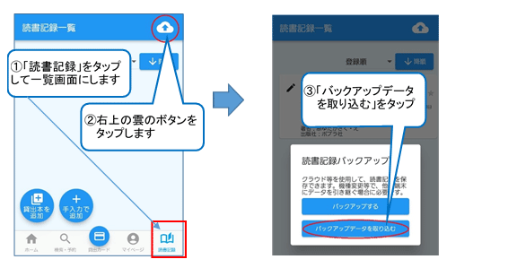 アプリの下の部分にある「読書記録」ボタンをタップします。「読書記録一覧」画面が開いたら、画面の右上にある雲の形のボタンをタップします。ウィンドウが開くので、「バックアップデータを取り込む」ボタンをタップします。
