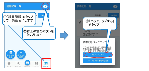 アプリの下の部分にある「読書記録」ボタンをタップします。「読書記録一覧」画面が開いたら、画面の右上にある雲の形のボタンをタップします。ウィンドウが開くので、「バックアップする」をタップします。