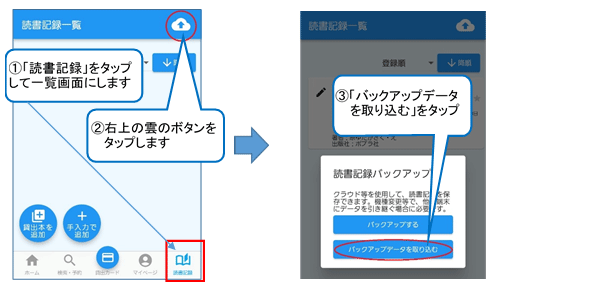 アプリの下の部分にある「読書記録」ボタンをタップします。「読書記録一覧」画面が開いたら、画面の右上にある雲の形のボタンをタップします。ウィンドウが開くので、「バックアップデータを取り込む」ボタンをタップします。