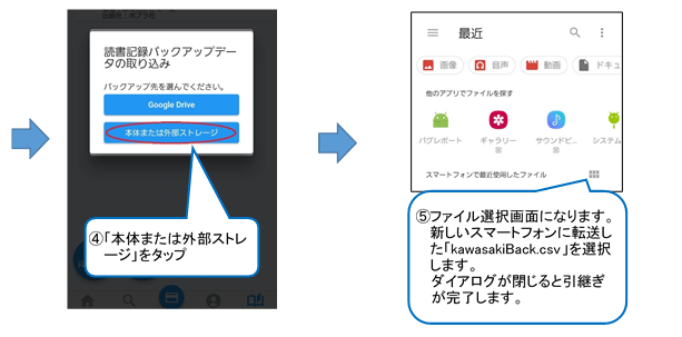 「読書記録バックアップデータの取り込み」ウインドウが開くので、「本体または外部ストレージ」をタップします。ファイル選択画面になりますので、新しいスマートフォンに転送したkawasakiBack.csvという名前のファイルを選択します。ウインドウが閉じれば引継ぎ完了です。