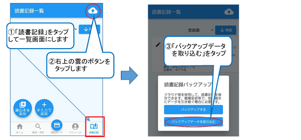 アプリの下の部分にある「読書記録」ボタンをタップします。「読書記録一覧」画面が開いたら、画面の右上にある雲の形のボタンをタップします。ウィンドウが開くので、「バックアップデータを取り込む」ボタンをタップします。