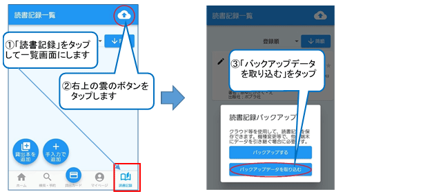 アプリの下の部分にある「読書記録」ボタンをタップします。「読書記録一覧」画面が開いたら、画面の右上にある雲の形のボタンをタップします。ウィンドウが開くので、「バックアップデータを取り込む」ボタンをタップします。