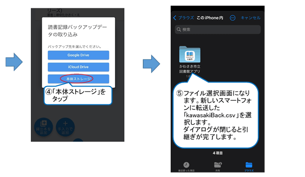 「読書記録バックアップデータの取り込み」ウインドウが開くので、「本体ストレージ」をタップします。ファイル選択画面になりますので、新しいスマートフォンに転送したkawasakiBack.csvという名前のファイルを選択します。ウィンドウが閉じれば引継ぎ完了です。